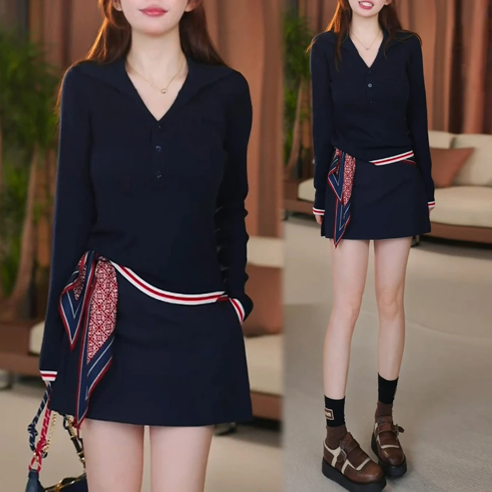 2025秋季新款立领修身针织衫裙子两件套女时尚减龄设计感套装