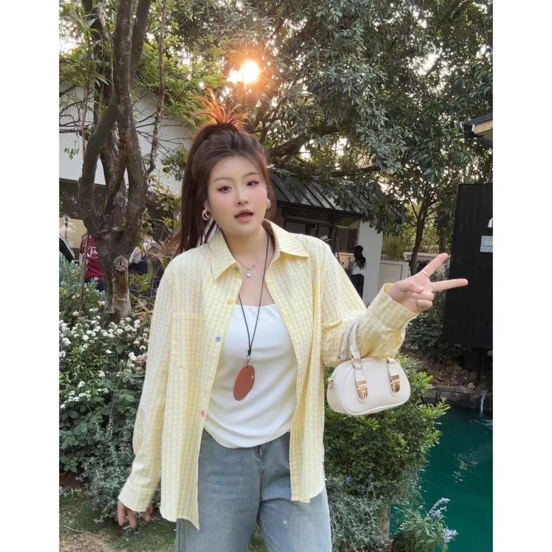 2025春夏新款大码女装格纹长袖防晒衬衫外套胖妹妹通勤简约衬衣