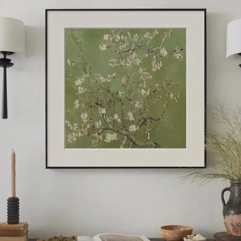 梵高杏花客厅玄关砂岩画装饰画名画餐厅走廊卧室横版挂画客厅挂画