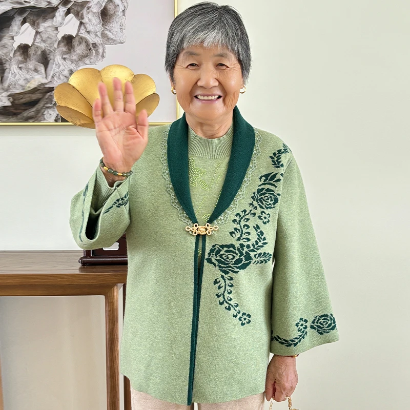 妈妈装中老年秋装女毛衣针织两件套老年人奶奶装秋季国风开衫外套