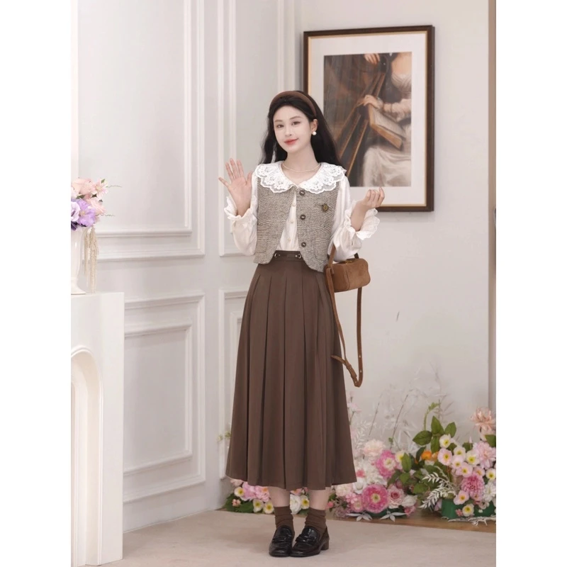 鹿向南【粉丝福利】秋季马甲衬衫半身裙千金风套装QYM002215+