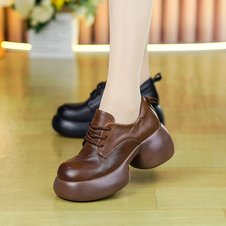 9898真皮英伦风皮鞋头层牛皮圆头厚底系带小个子增高百搭单鞋