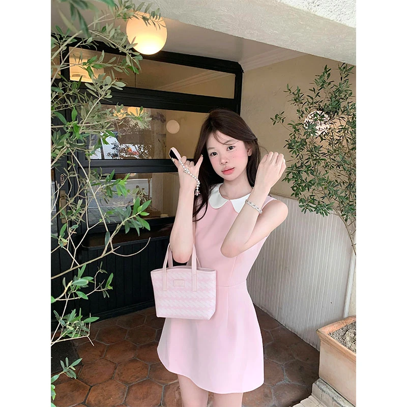 法式娃娃领粉色无袖背心连衣裙子女夏季2025年新款小个子气质短裙