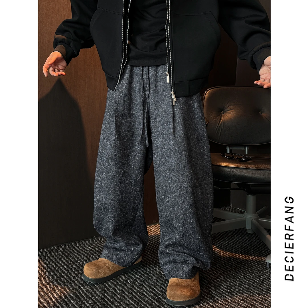 【25秋天丝羊毛】老钱风百搭高质感休闲裤打褶松紧腰弯刀裤男