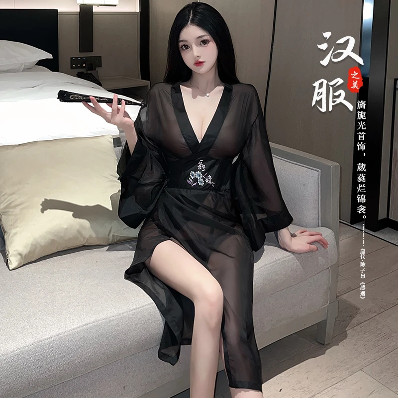 国风春夏秋冬性感风V领睡裙复古薄款首饰夏季长款连衣裙黑色气质