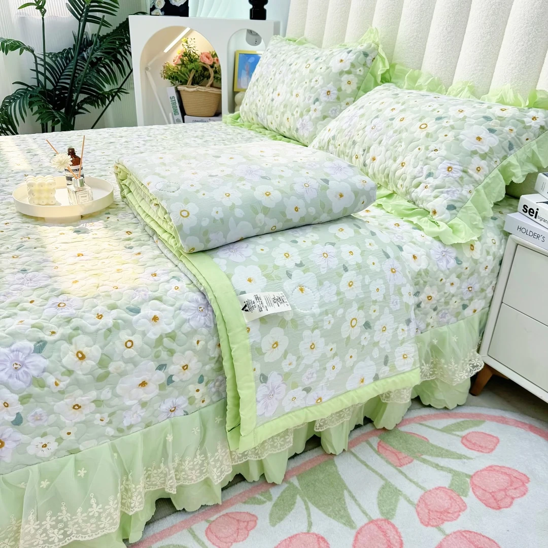 薄款夏凉被花边床盖四件套空调被亲肤可裸睡法式夹棉床单夏被子芯