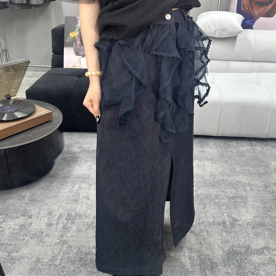 【塞特艺术】小众设计师轻奢感2025春夏爆款网纱拼接牛仔裤裙3238