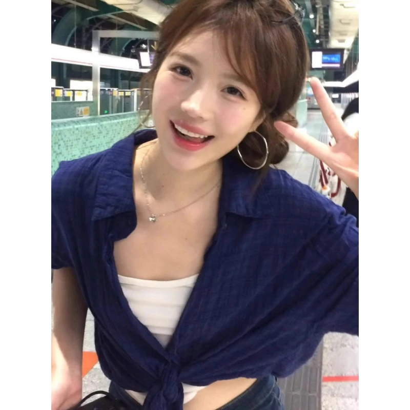 蓝色格子衬衫女春夏2025新款气质法式防晒超好看上衣外套独特漂亮