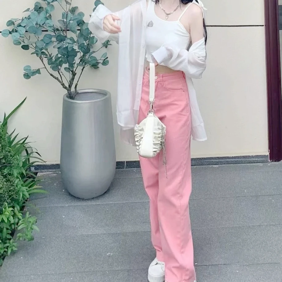 456 减龄时尚粉色百搭阔腿毛边直筒牛仔裤（H16）