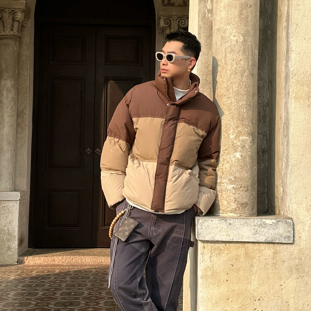 DUIZHI/对质男士立领冬季时尚休闲保暖短款情侣拼色渐变羽绒服