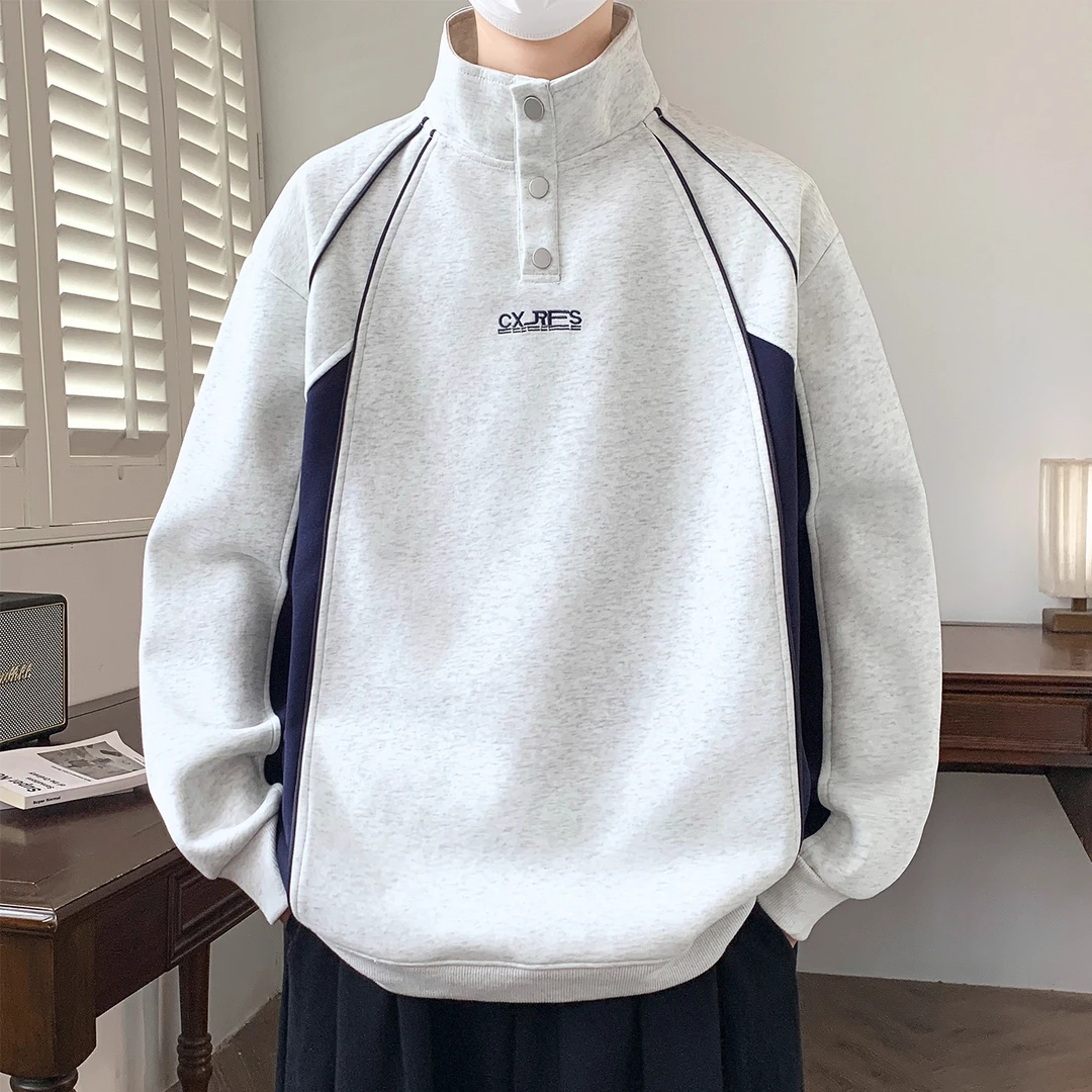 立领卫衣男春秋季美式拼接设计感套头衫男生宽松polo领长袖打底衫