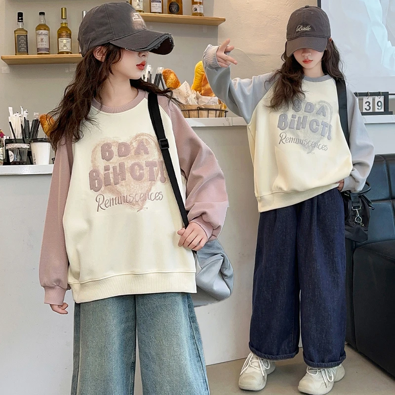 春装女童拼色爱心卫衣外穿8-12岁15春秋大童女孩休闲打底上衣宽松