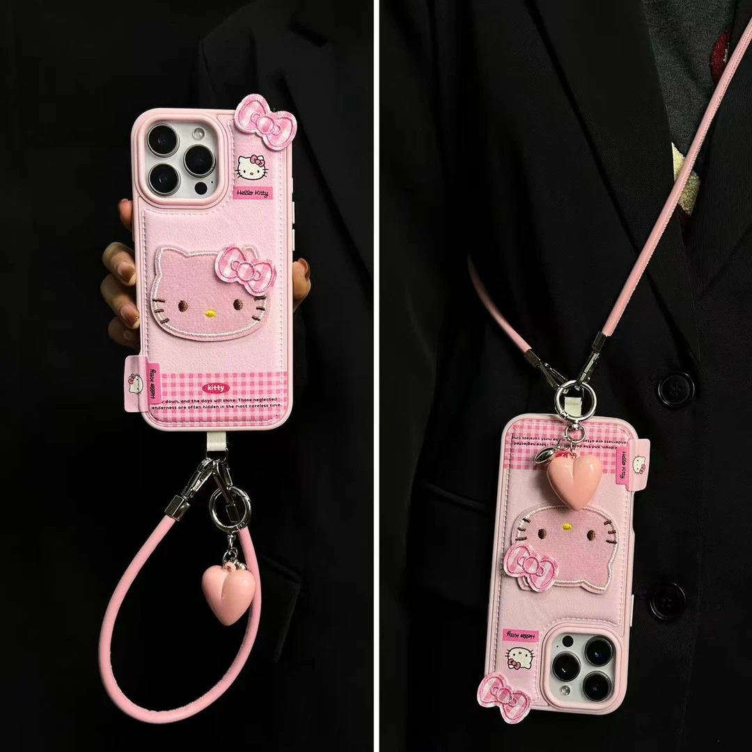 韩系可爱刺绣皮纹KT猫适用iPhone17promax苹果16手机壳15斜挎14女