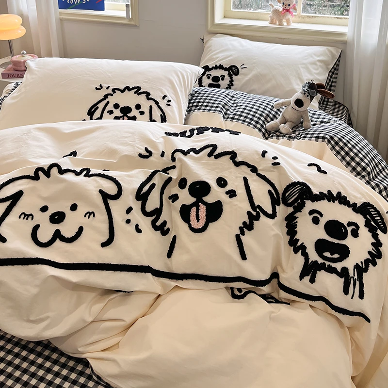 可爱狗狗水洗棉纯棉床上四件套全棉男孩毛巾绣被套床单床品三件套