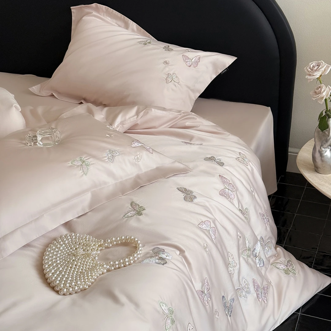 100S长绒棉蝴蝶刺绣四件套纯棉100%全棉高档适合裸睡被套奢华床品