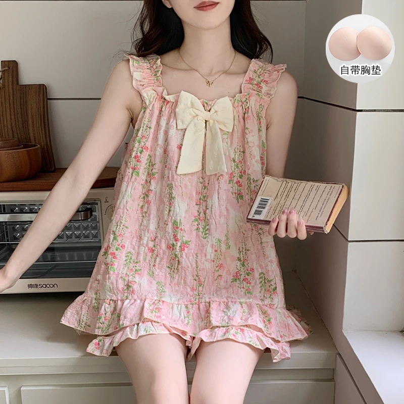 带胸垫吊带短裤睡衣女夏季薄款公主风网红爆款2025新款家居服套装