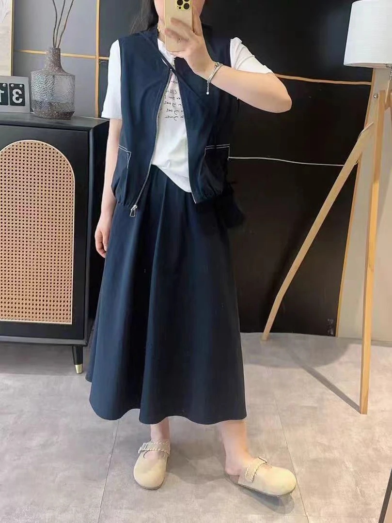 2025时尚舒适叠穿马甲T恤半身裙三件套