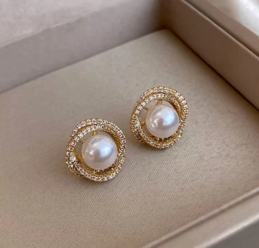 天然淡水珍珠9-10mm无核极光白珠设计款鸟巢耳钉R65
