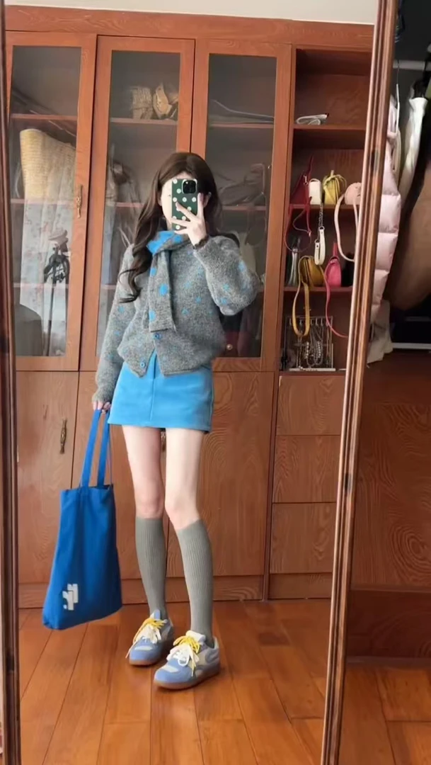 【雾蓝纪事】港风chic灰色波点保暖开衫长袖毛衣蓝色半裙休闲套装