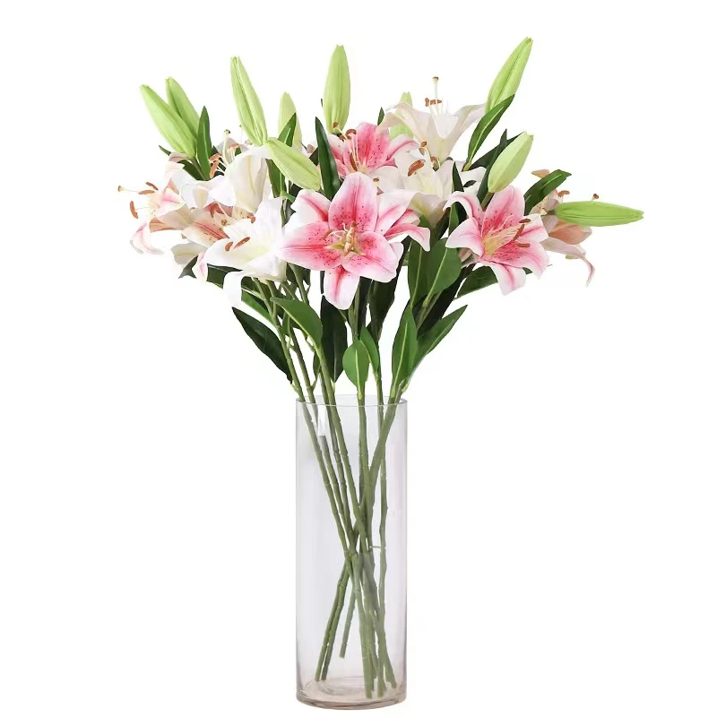 【专享】仿真花3头手感百合假花摆放单只装饰花卉仿真花桌面花摆件