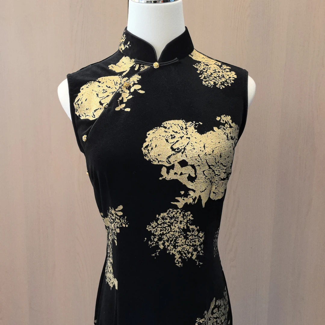 【黑金】立领无袖包臀裙圆襟植物花卉旗袍修身复古傣族风格