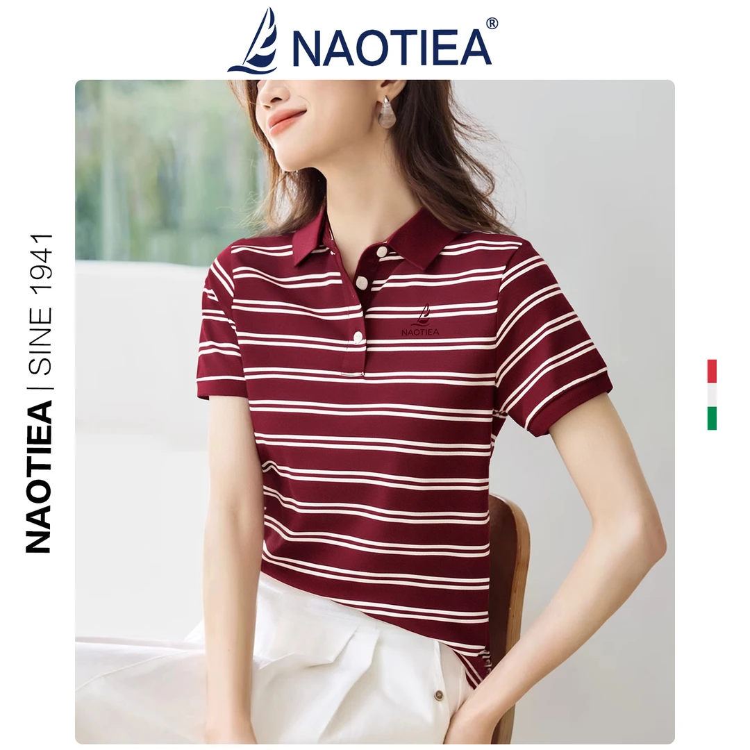 纳奥蒂尔小帆船翻领撞色条纹POLO衫女2025夏季新款宽松显瘦T恤