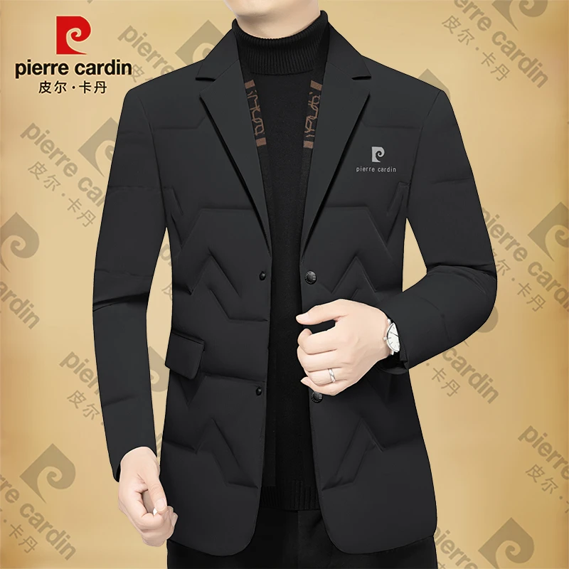 皮尔卡丹冬季男士羽绒服保暖西服商务休闲可脱卸围巾男装外套上衣