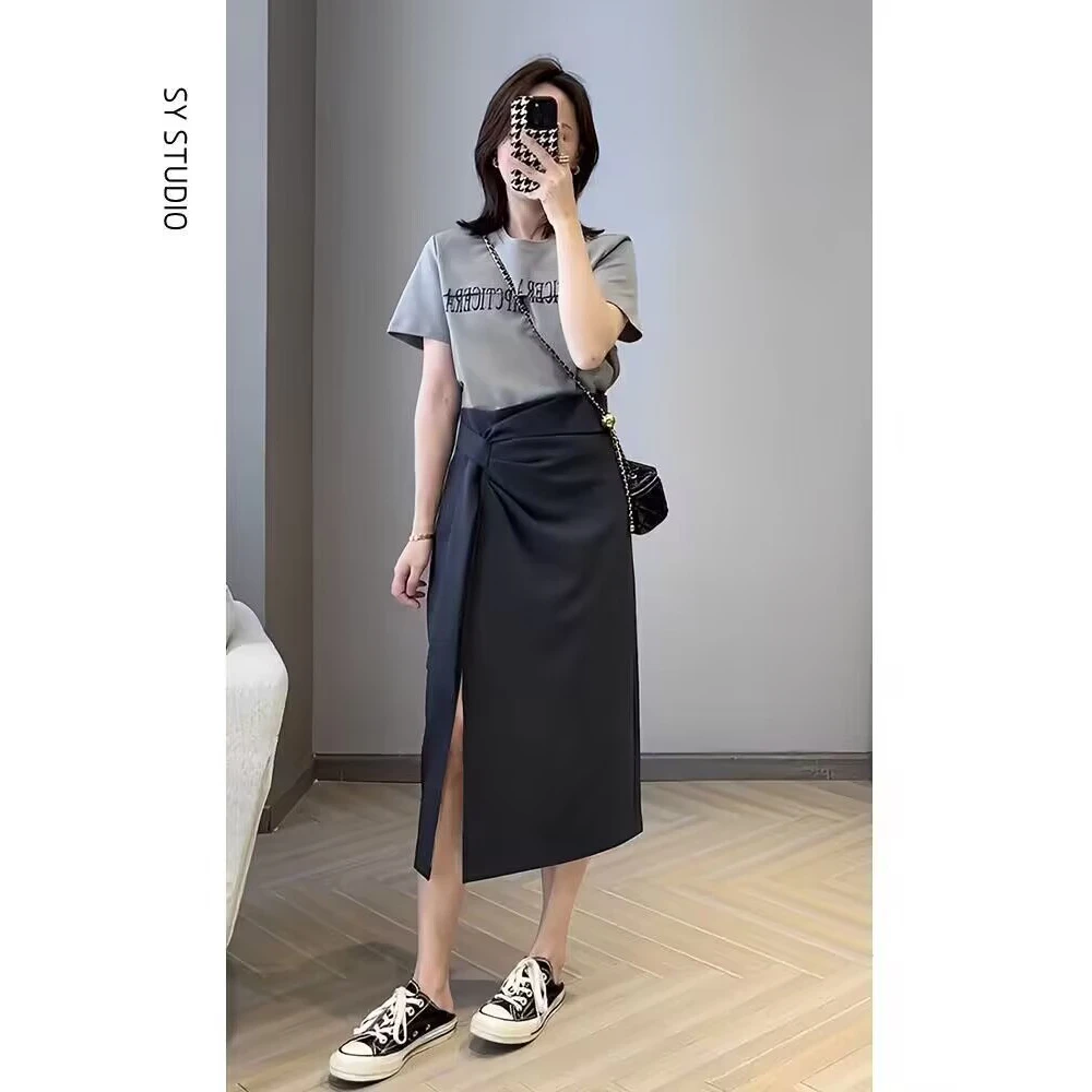 休闲时尚套装女夏装新款时尚字母印花短袖T恤不规则半身裙两件套