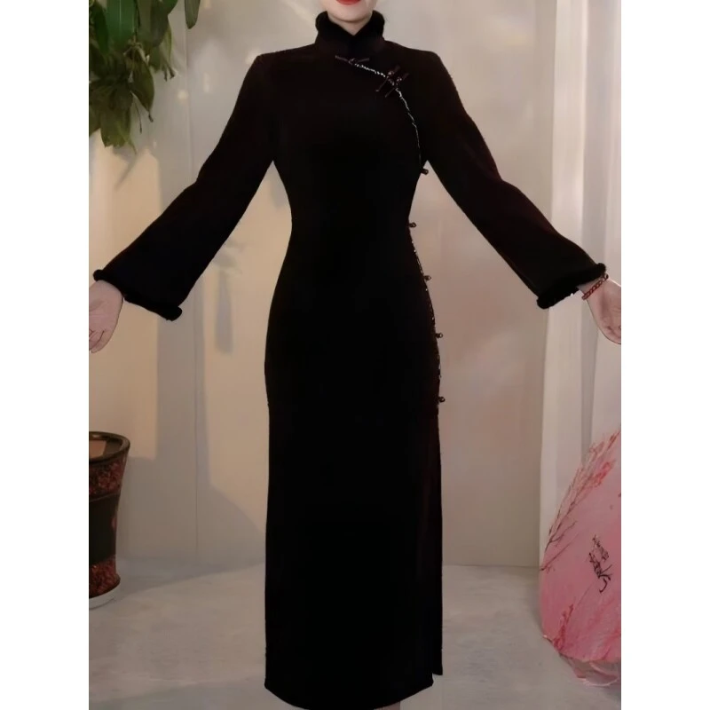 A102547,冬季新款新中式复古风加厚保暖优雅气质修身日常旗袍裙,M