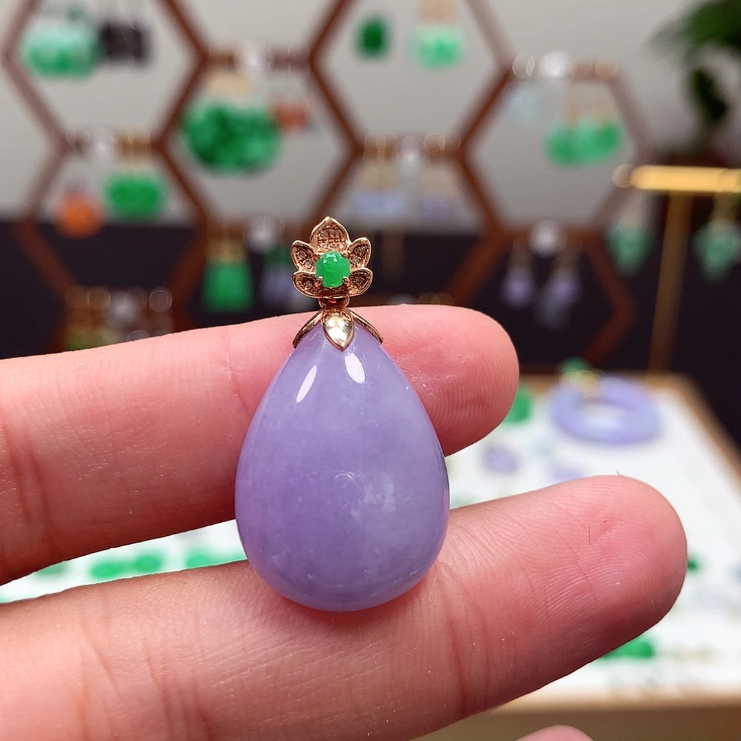翡翠18K金镶嵌吊坠(不含链)天然翡翠