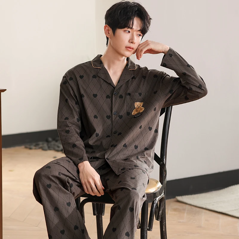 100%纯棉男士睡衣新款春秋季开衫宽松长袖长裤全棉男生家居服套装