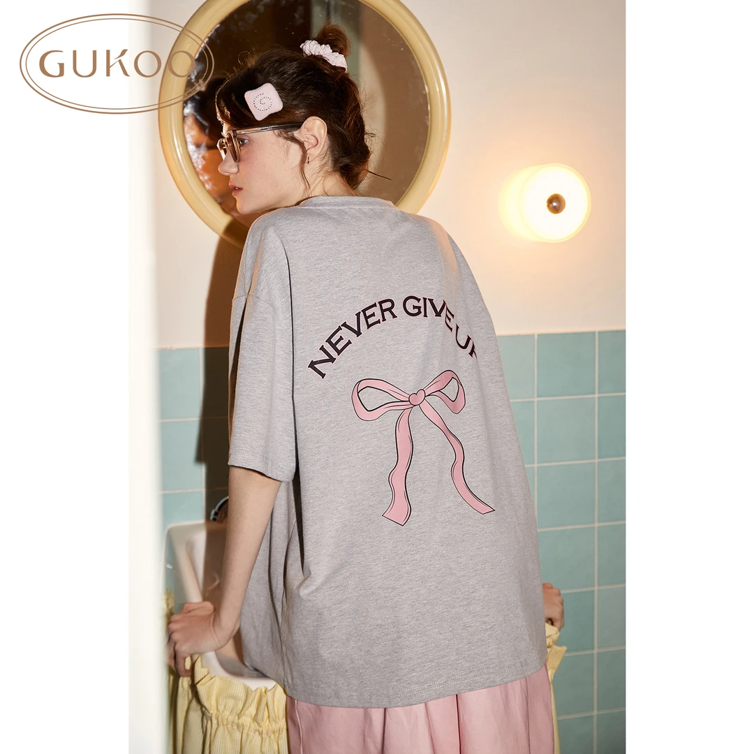 【Gukoo果壳】蝴蝶结印花灰粉春季长袖短袖家居服套装圆领宽松睡衣