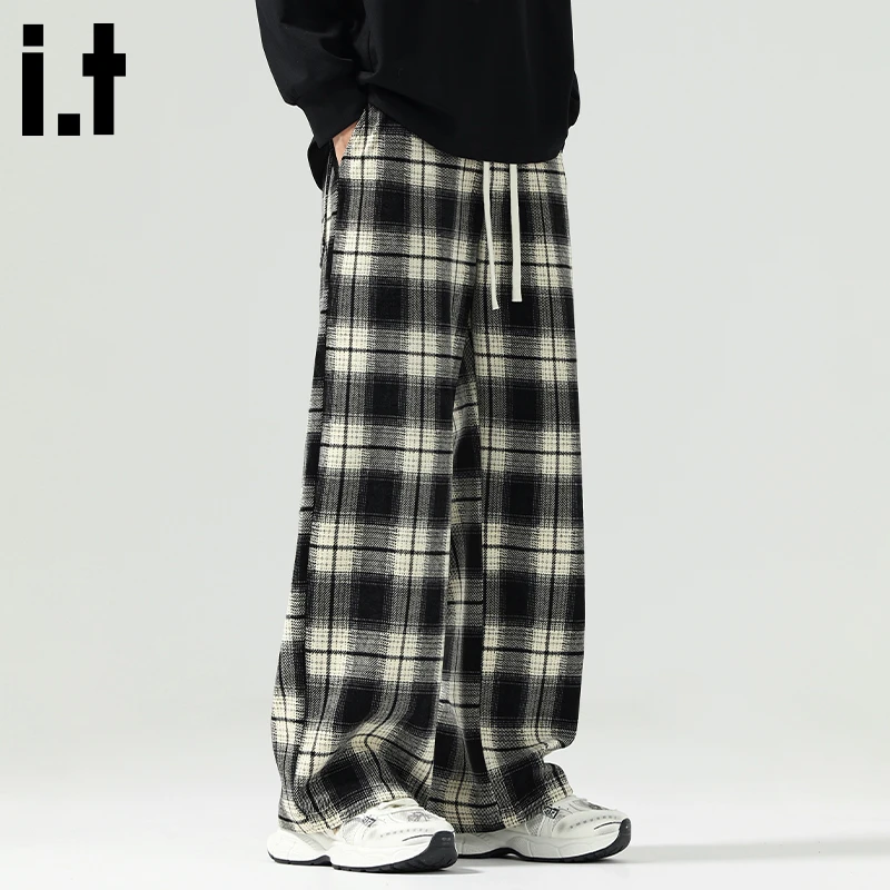 i.t:CHOCOOLATE格子休闲裤男士秋冬新款宽松垂感百搭直筒运动长裤