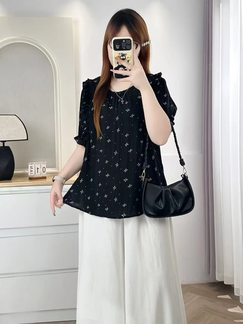 胖妹妹荷叶肩圆领短袖碎花小衫大码女装法式小众设计甜美减龄上衣