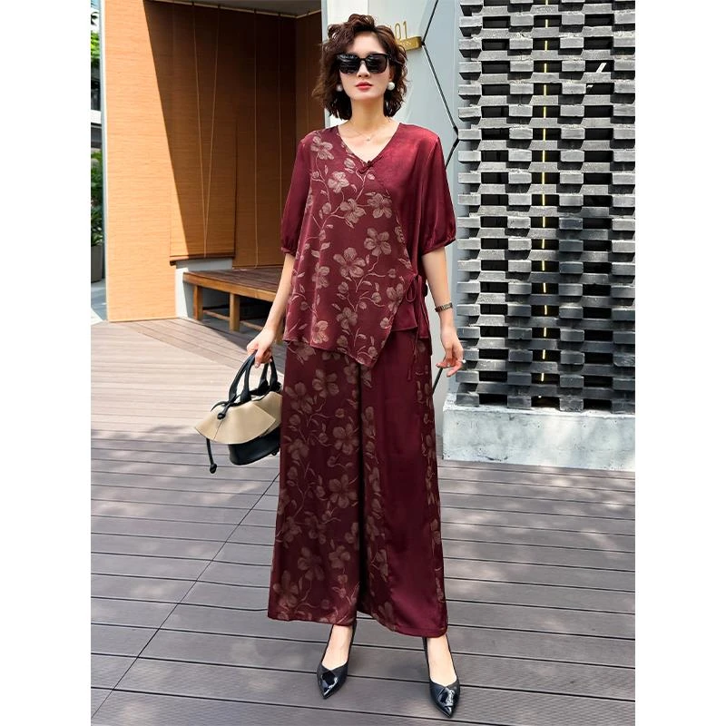 615新中式盘扣不规则休闲套装妈妈款夏季新款斜襟提花上衣两件套