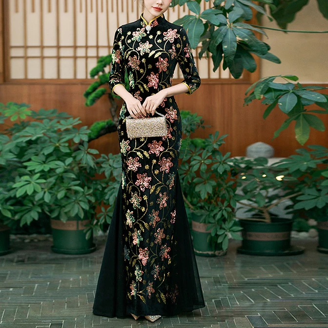 2025新款旗袍高端大气上档次舞台走秀演出服合唱团亮片黑色鱼尾裙