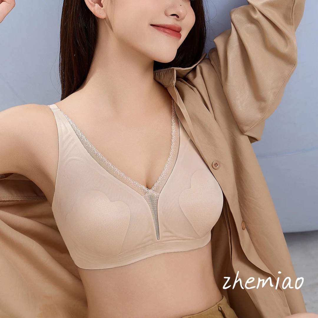 zhemiao（超薄花瓣杯）大胸显小缎面蕾丝舒适透气无痕文胸内衣B19