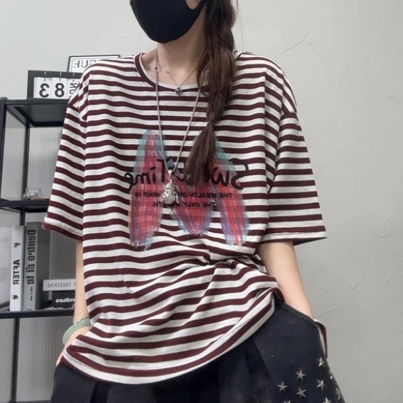 6786夏季新款宽松休闲百搭复古条纹T恤