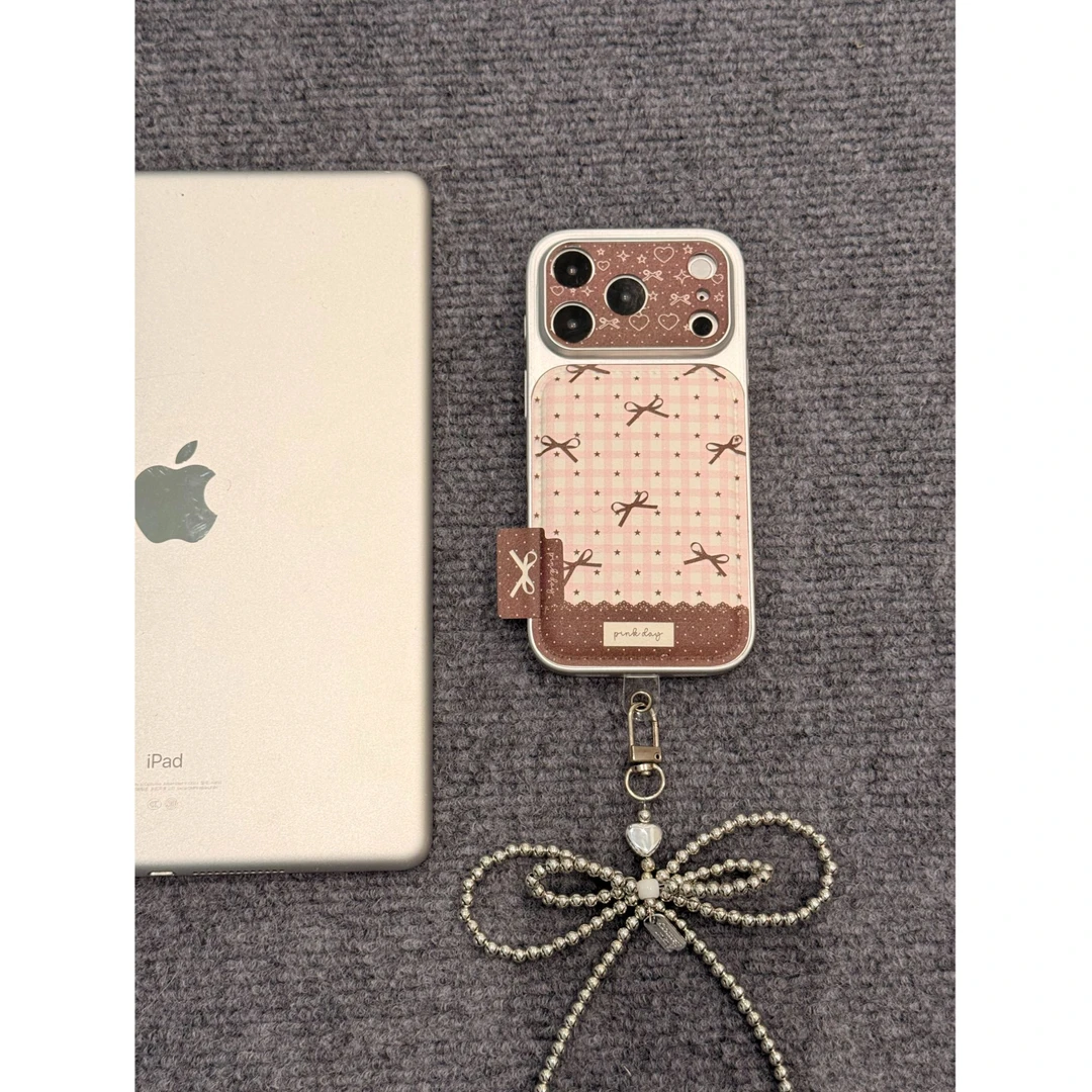 皮质格纹撞色蝴蝶结星星手机壳适用iPhone17promax精孔包相机键