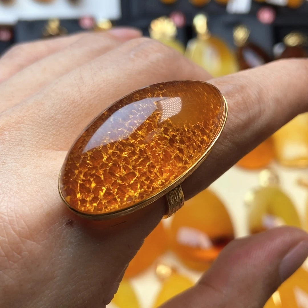 琥珀银S925镀金镶嵌戒指