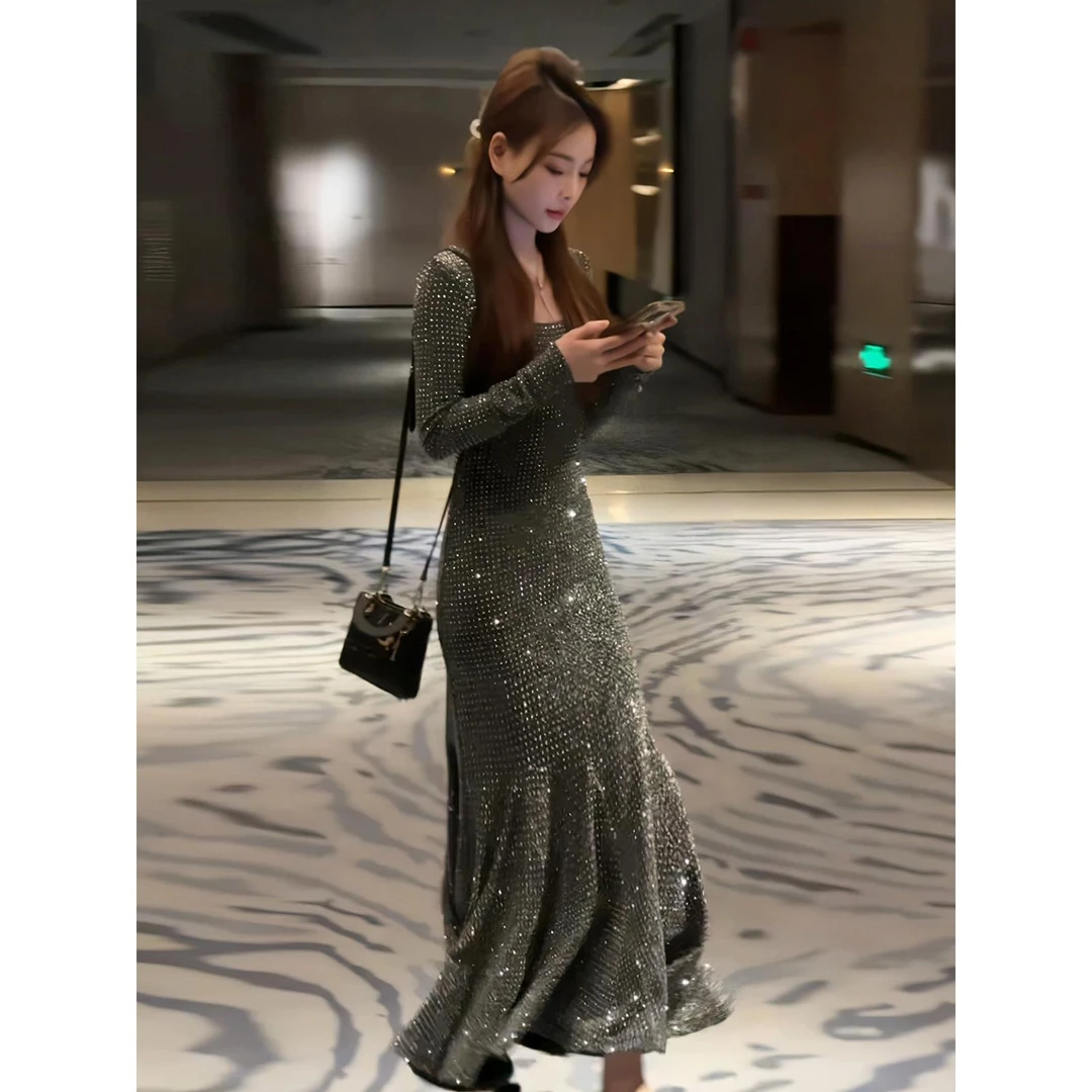 VOCKOO官方高级烫钻鱼尾连衣裙女秋冬新款名媛年会礼服裙修身打底