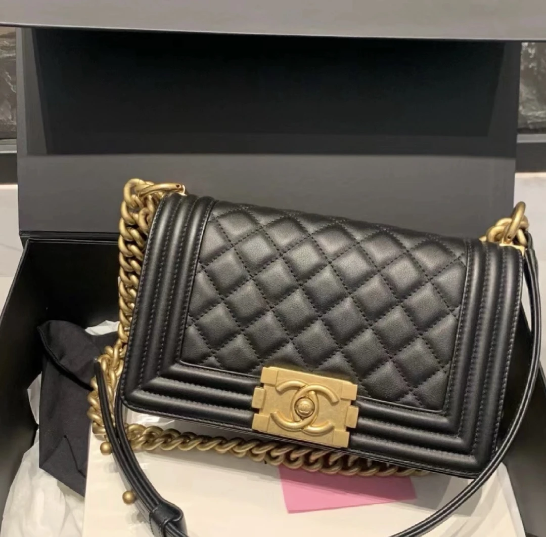 99新 Chanel/香奈儿 22222黑金小号光面leboy/单肩包/山山专属