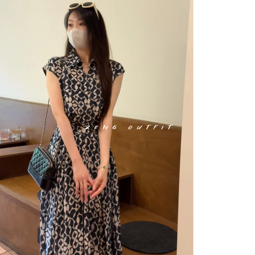 Elephant Crepe双绉印花裙系列女士轻奢老花衬衣领大摆连衣裙68