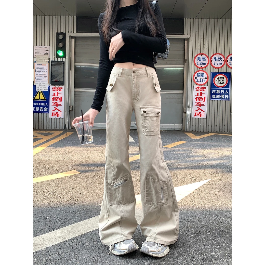 秋季美式设计感多口袋微喇直筒高腰牛仔裤女拖地工装裤小众复古