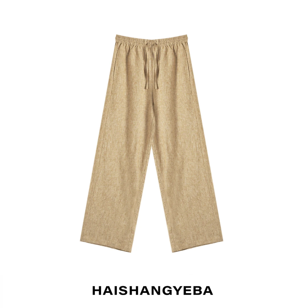 【海上叶爸】新款2025夏季百搭亚麻松紧腰宽松直筒休闲裤