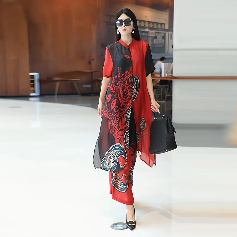 2025夏季国风气质拼接定位印花套装女轻奢洋气大码女装休闲两件套
