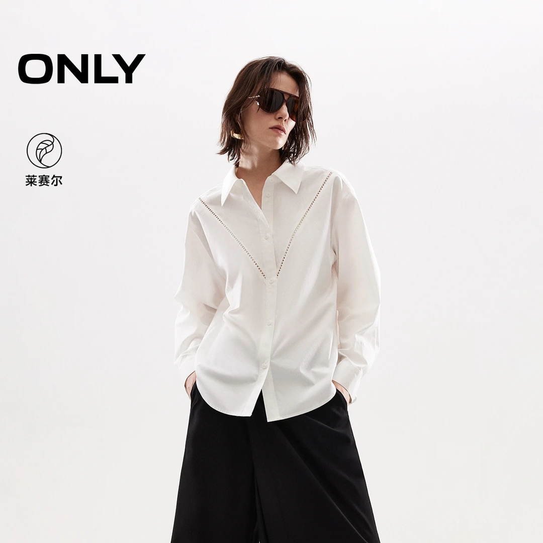 ONLY2025秋季新款随性百搭V字镂空翻领宽松长袖衬衫女|125305022