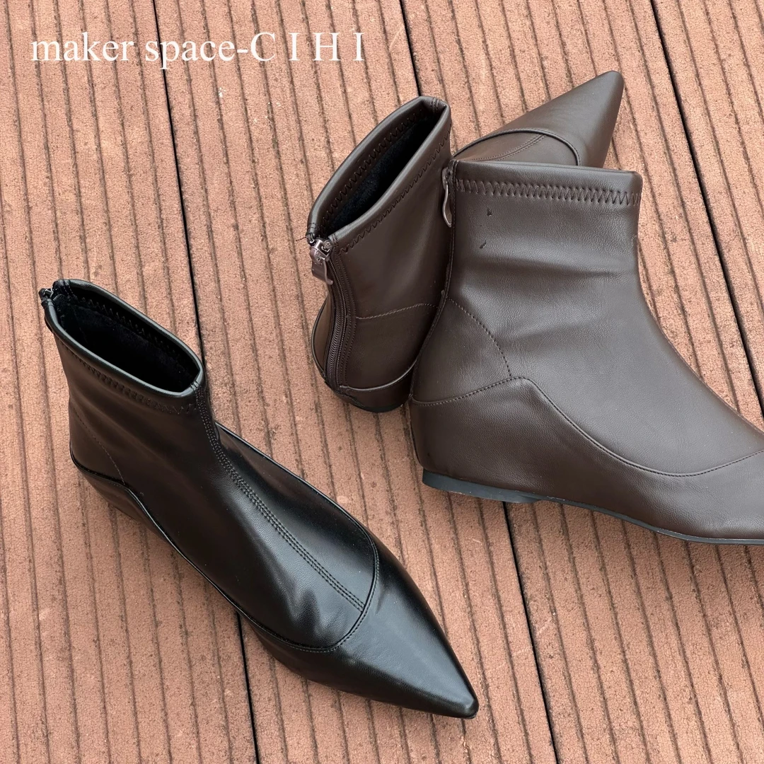 設計'makerspace'1-260【晚江雾】小眾设计 内增高尖头擦色裸靴