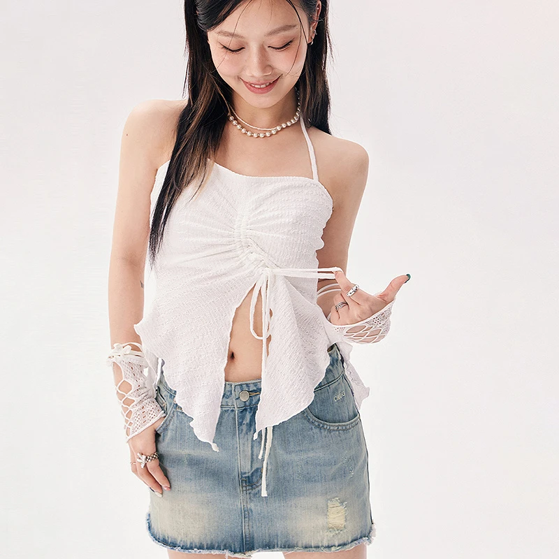 CHUU夏季女装挂脖捏褶设计辣妹穿搭蝴蝶不规则下摆百搭背心