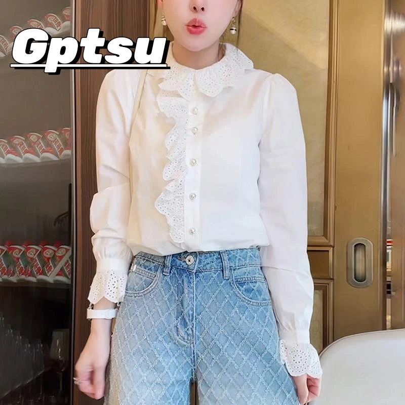 GPTSu法式花边衬衫女士春秋轻奢减龄洋气复古白色衬衣设计感上衣